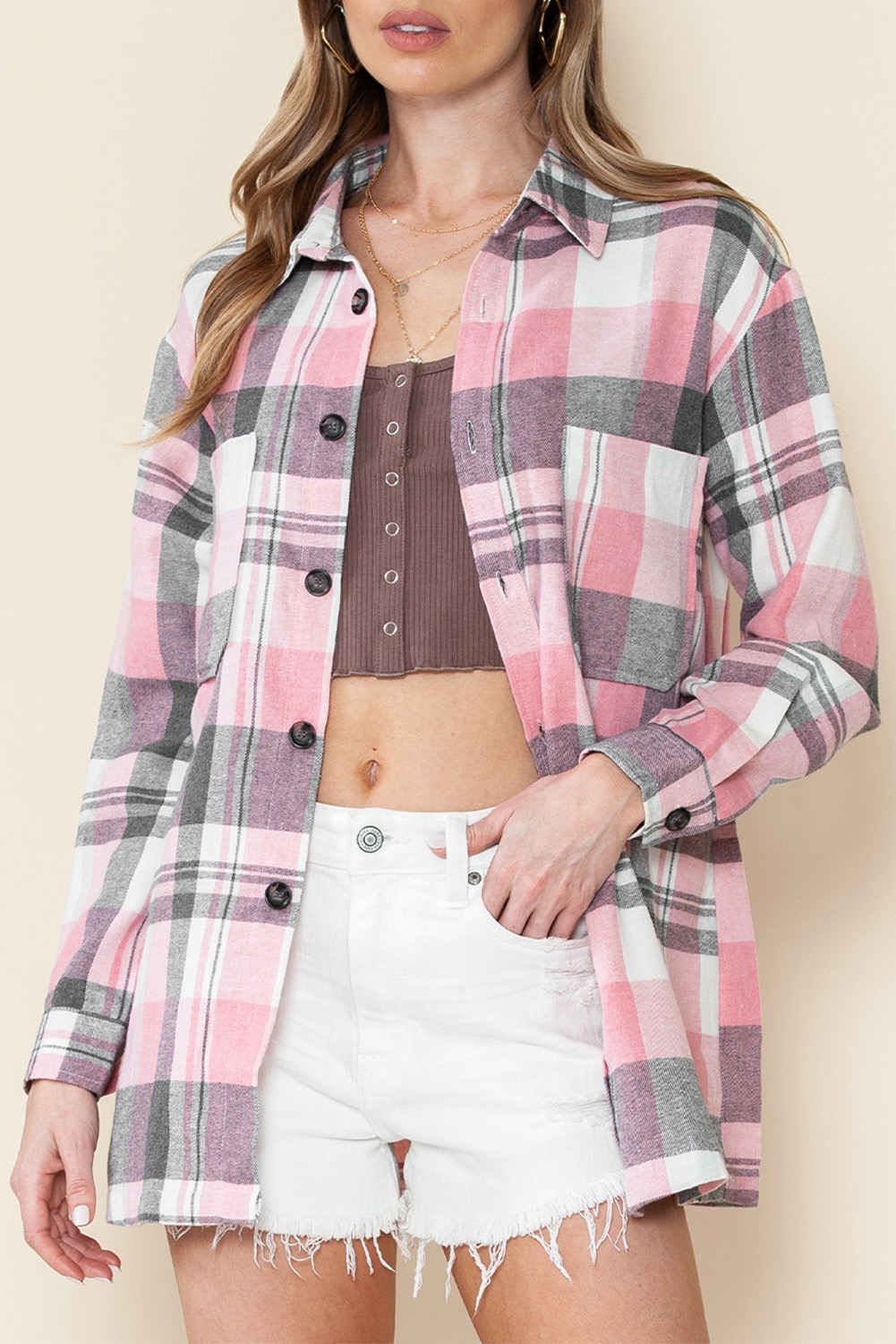 Embroidery Online - Women Lapel Plaid Button Down Shirt