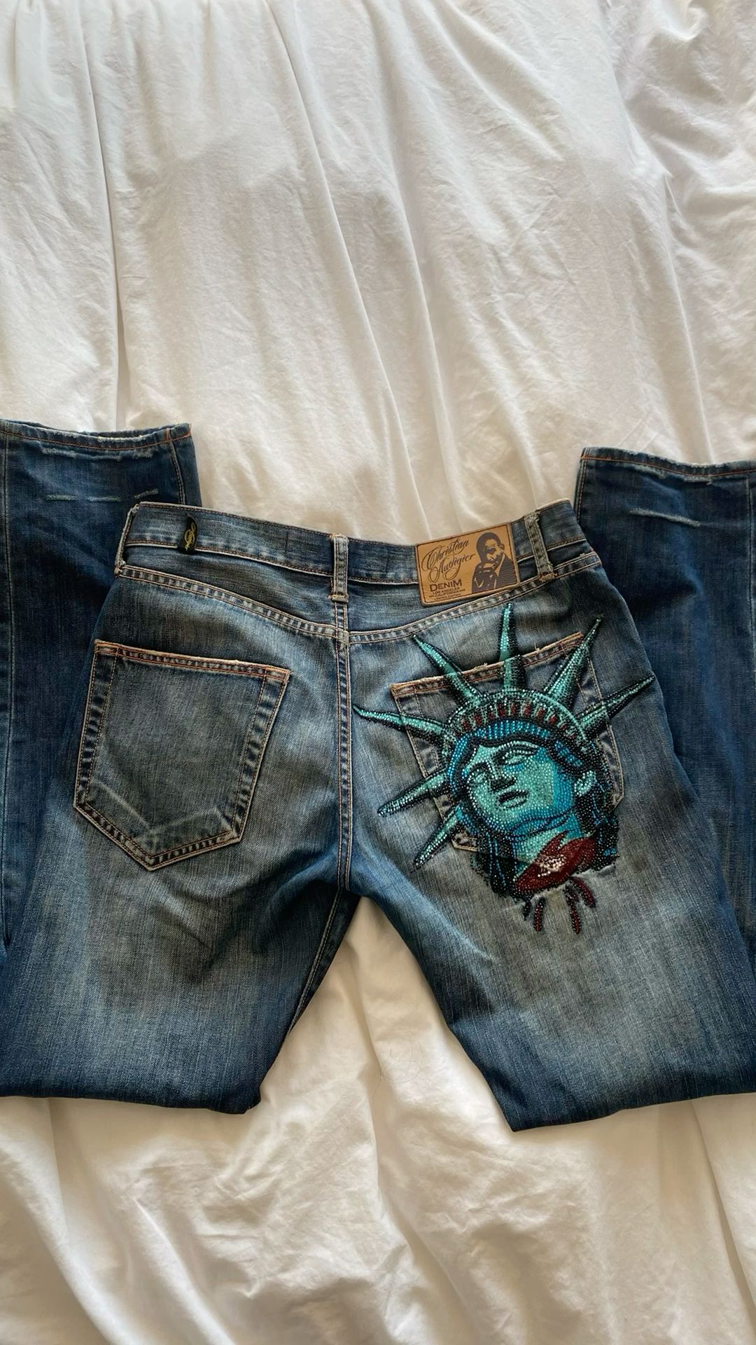 Y2k 2000s Statue of Liberty Di - đánh giá và giá Embroidery Jeans Sakura