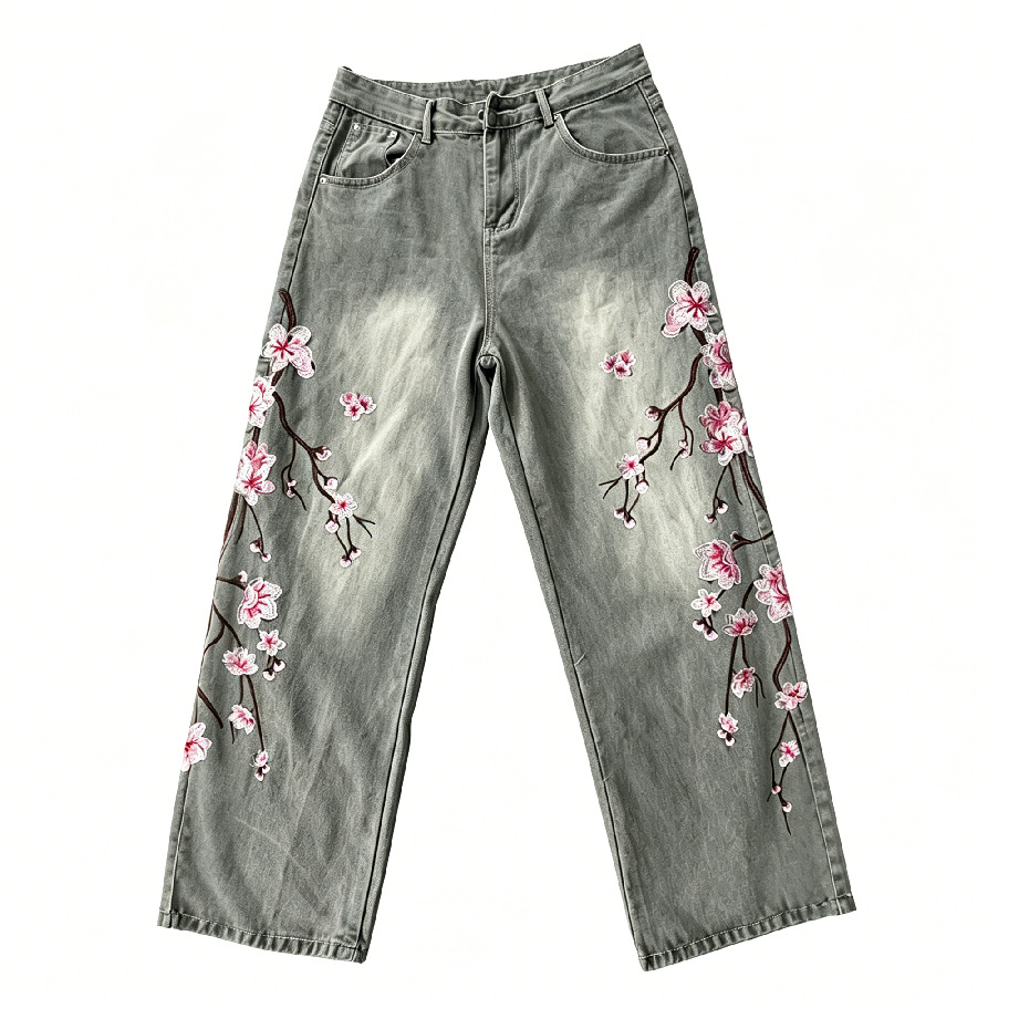 High Waist Loose Straight Leg  - đánh giá và giá Embroidery Jeans Sakura