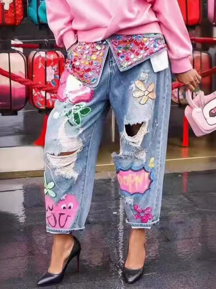 Chic Women Spring Floral Embro - đánh giá và giá Embroidery Jeans Sakura
