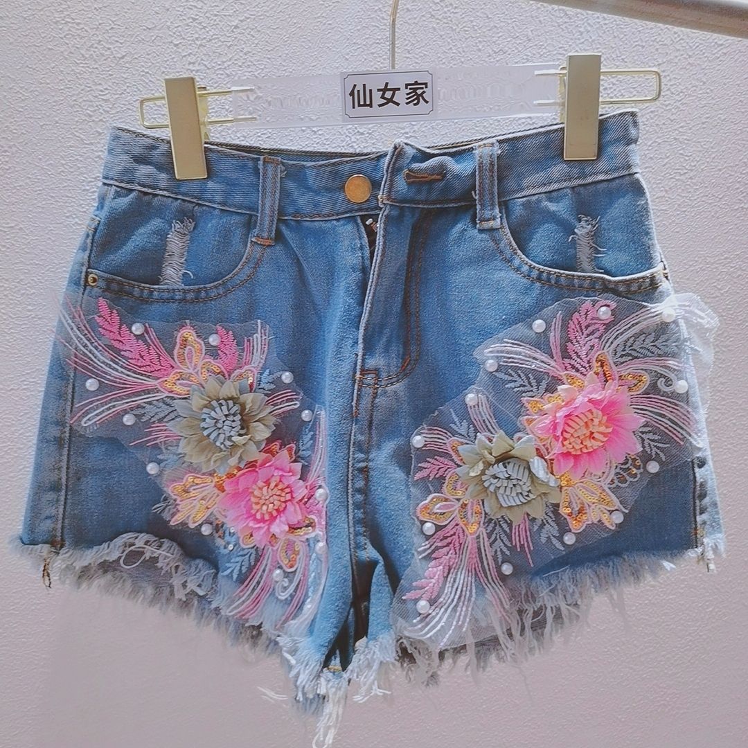 Korean Fashion Women Summer De - đánh giá và giá Embroidery Jeans Sakura