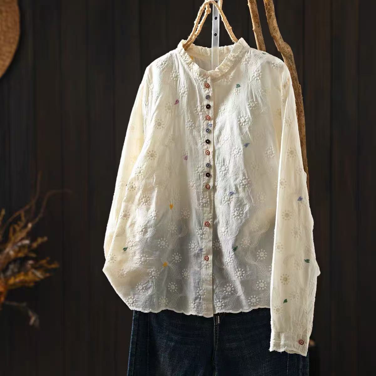Women Ruffled Stand Collar Blo - đánh giá và giá Embroidery Eyelet
