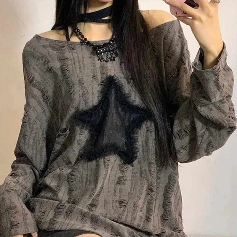 Y2K Hole Star Print T-Shirt Wo - đánh giá và giá Embroidery Uniform